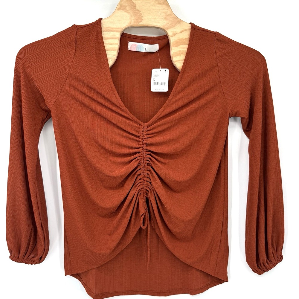 Free People Beach Top Women Small Terracotta Ruched V-Neck Balloon Sleeve New